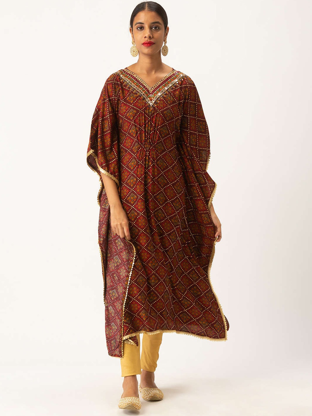 

ZOLA Women Maroon Ethnic Motifs Printed Flared Sleeves Kaftan Kurta