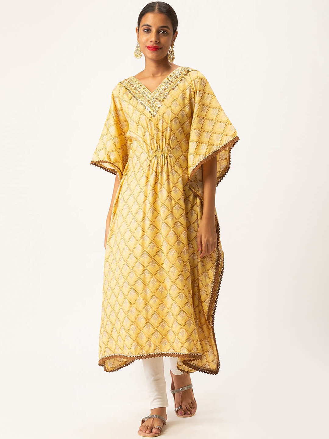 

ZOLA Women Mustard Yellow & Brown Checked Flared Sleeves Kaftan Kurta