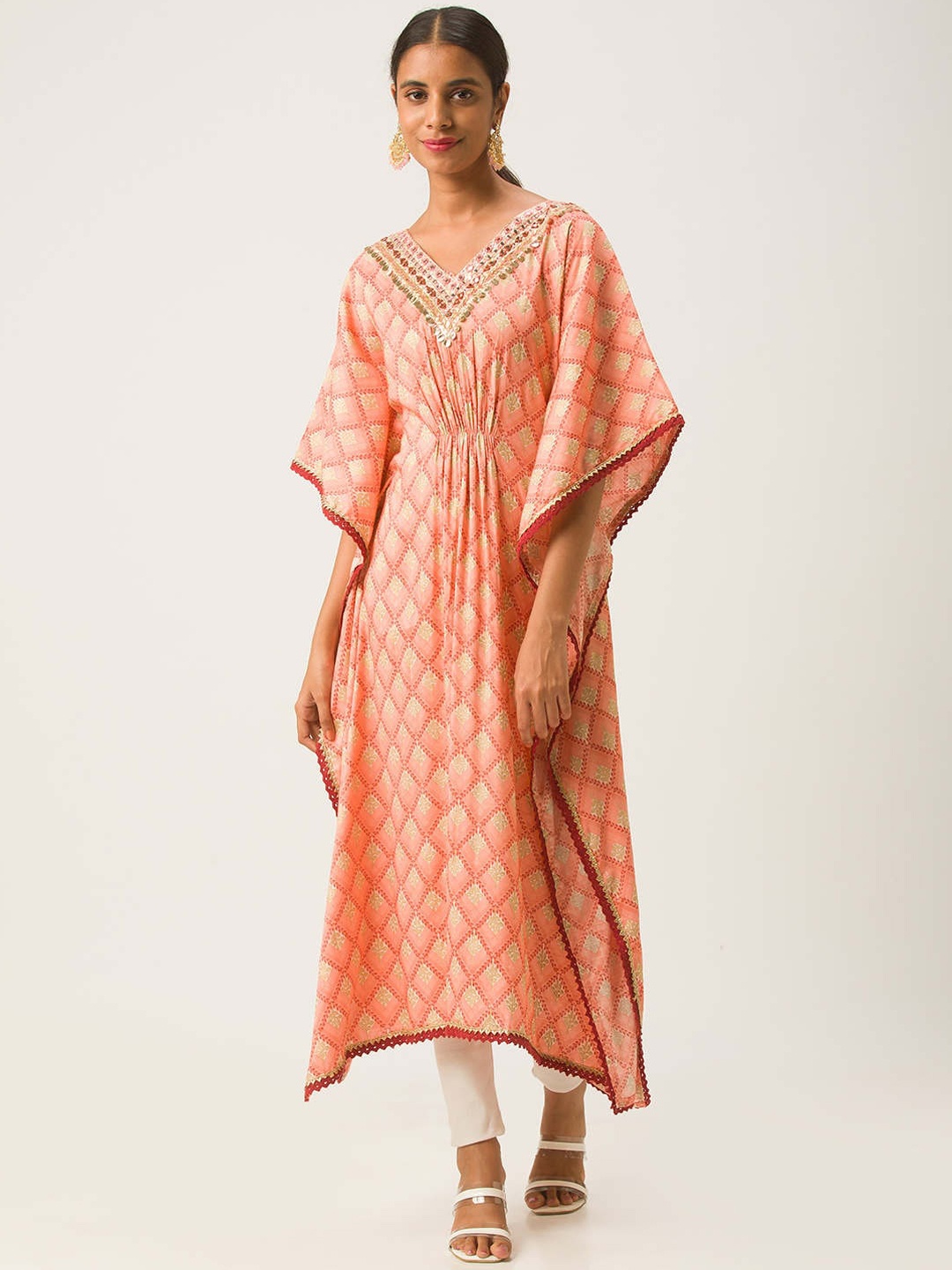 

ZOLA Women Peach-Coloured Geometric Printed Flared Sleeves Mirror Work Kaftan Kurta