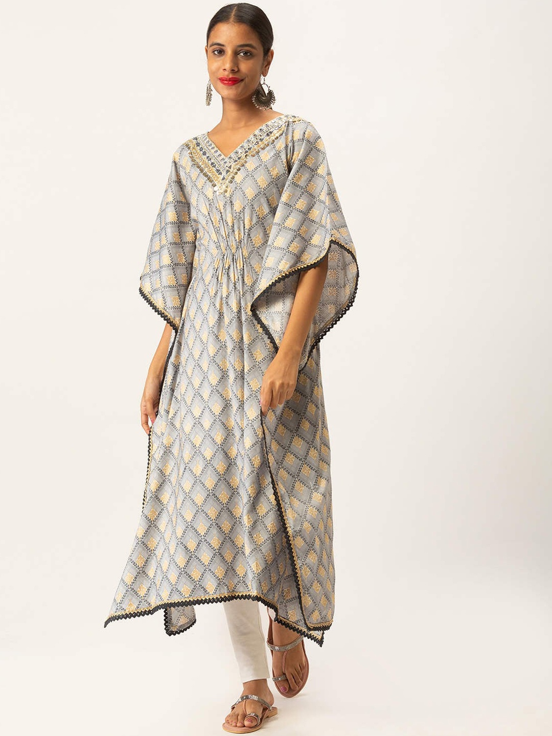 

ZOLA Women Grey & Yellow Floral Printed Flared Sleeves Kaftan Kurta