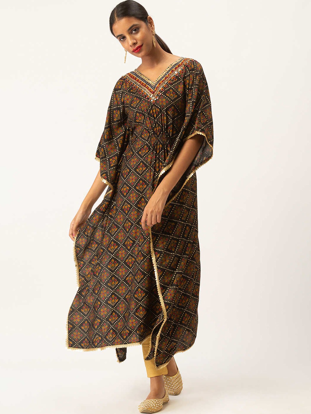 

ZOLA Women Black & Brown Ethnic Motifs Printed Flared Sleeves Gotta Patti Kaftan Kurta