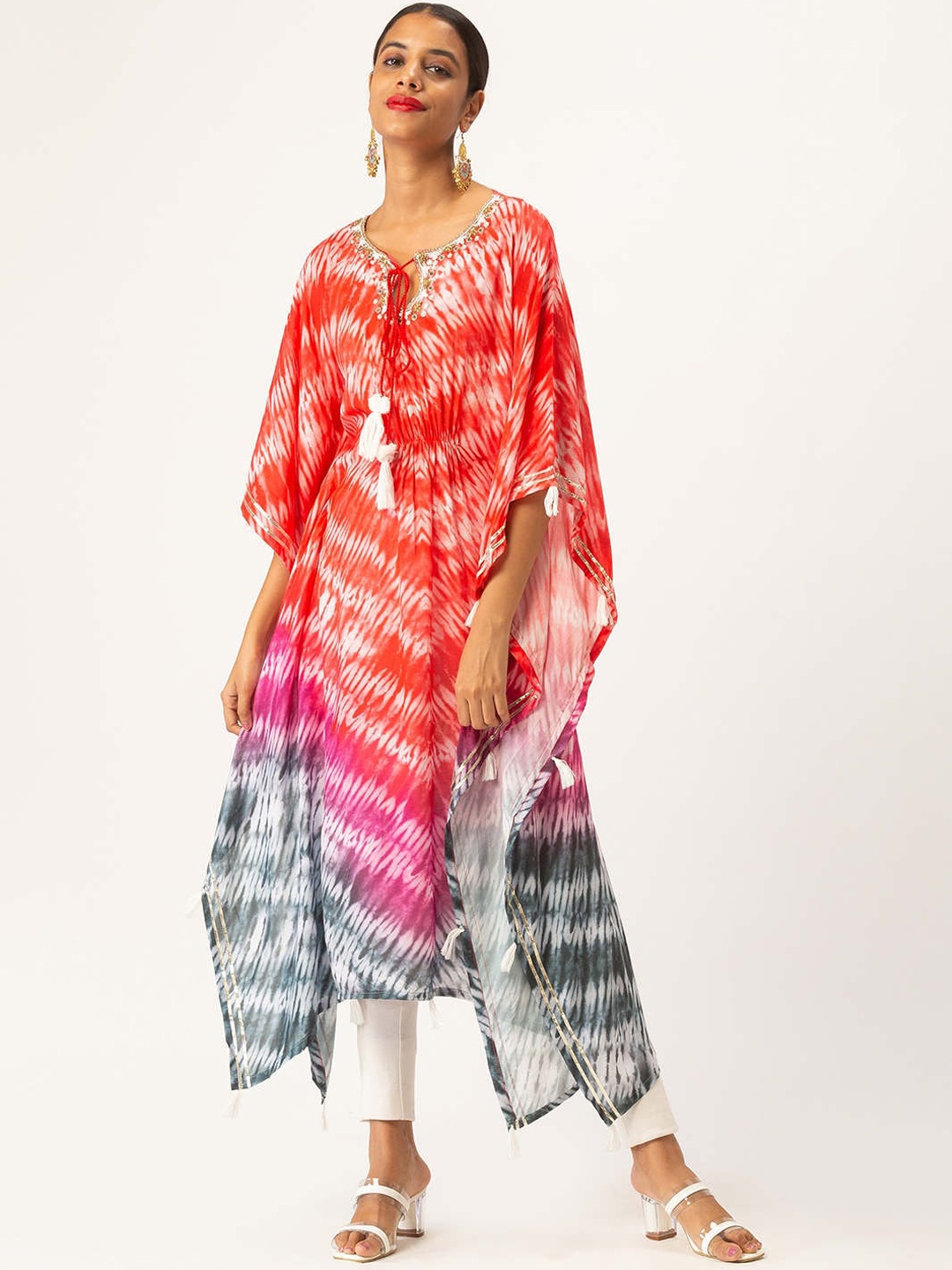

ZOLA Women Red & Blue Dyed Keyhole Neck Flared Sleeves Mirror Work Kaftan Kurta