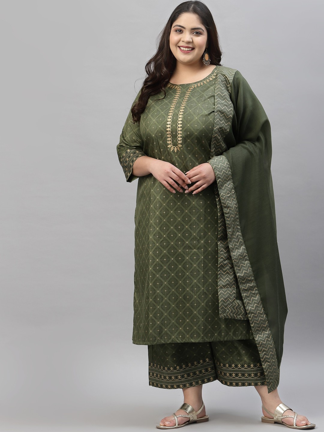 

curveZI by Ziyaa Women Plus Size Olive Green Printed Kurta with Palazzos & With Dupatta