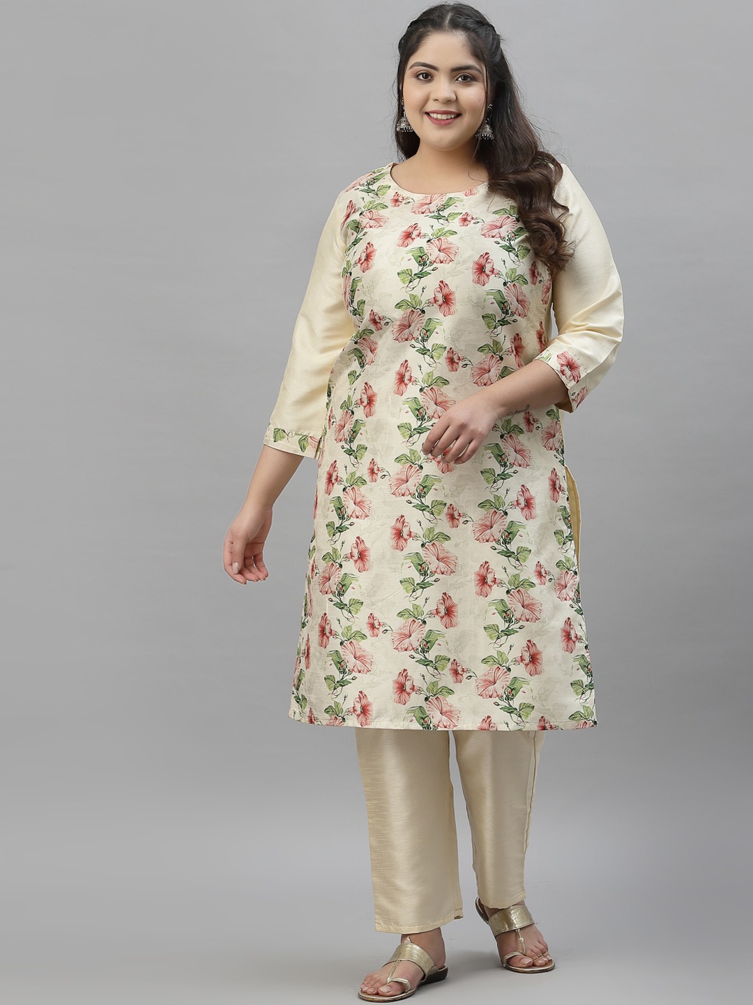 

curveZI by Ziyaa Plus Size Women Cream-Coloured Floral Printed Kurta with Trousers