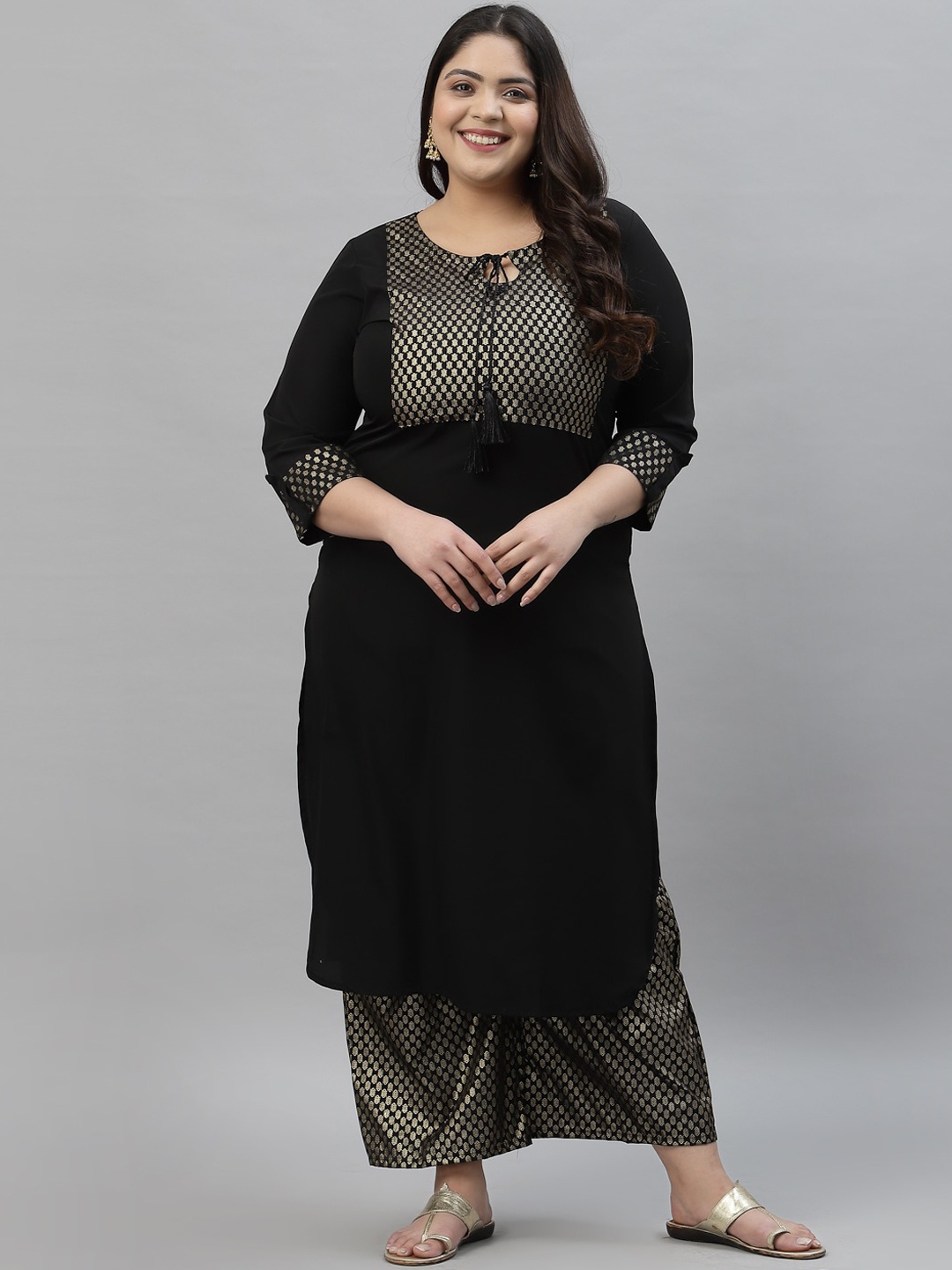 

curveZI by Ziyaa Plus Size Women Black Ethnic Motifs Yoke Design Kurta with Palazzos