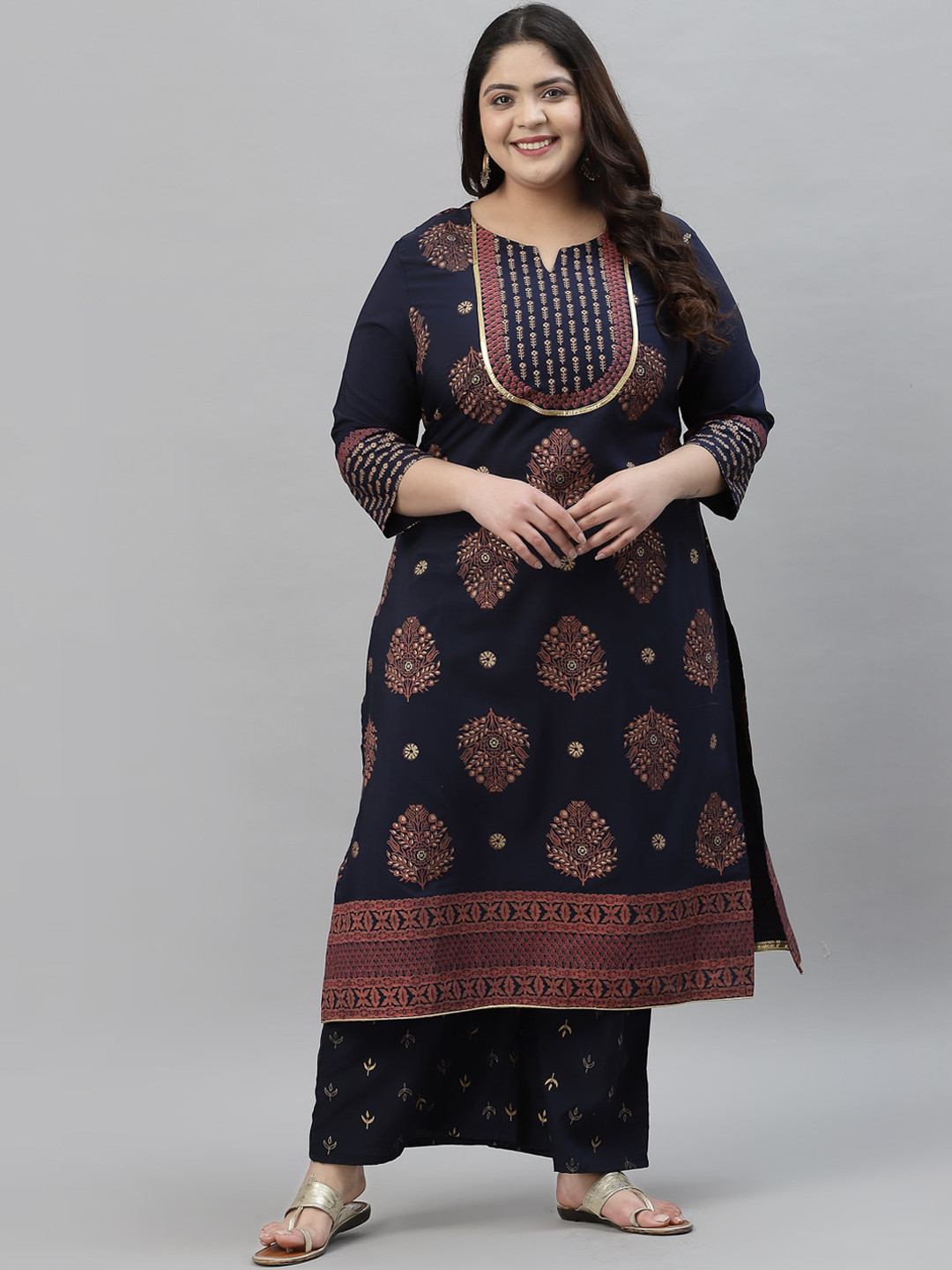 

curveZI by Ziyaa Women Plus Size Blue Ethnic Motifs Printed Kurta with Palazzos