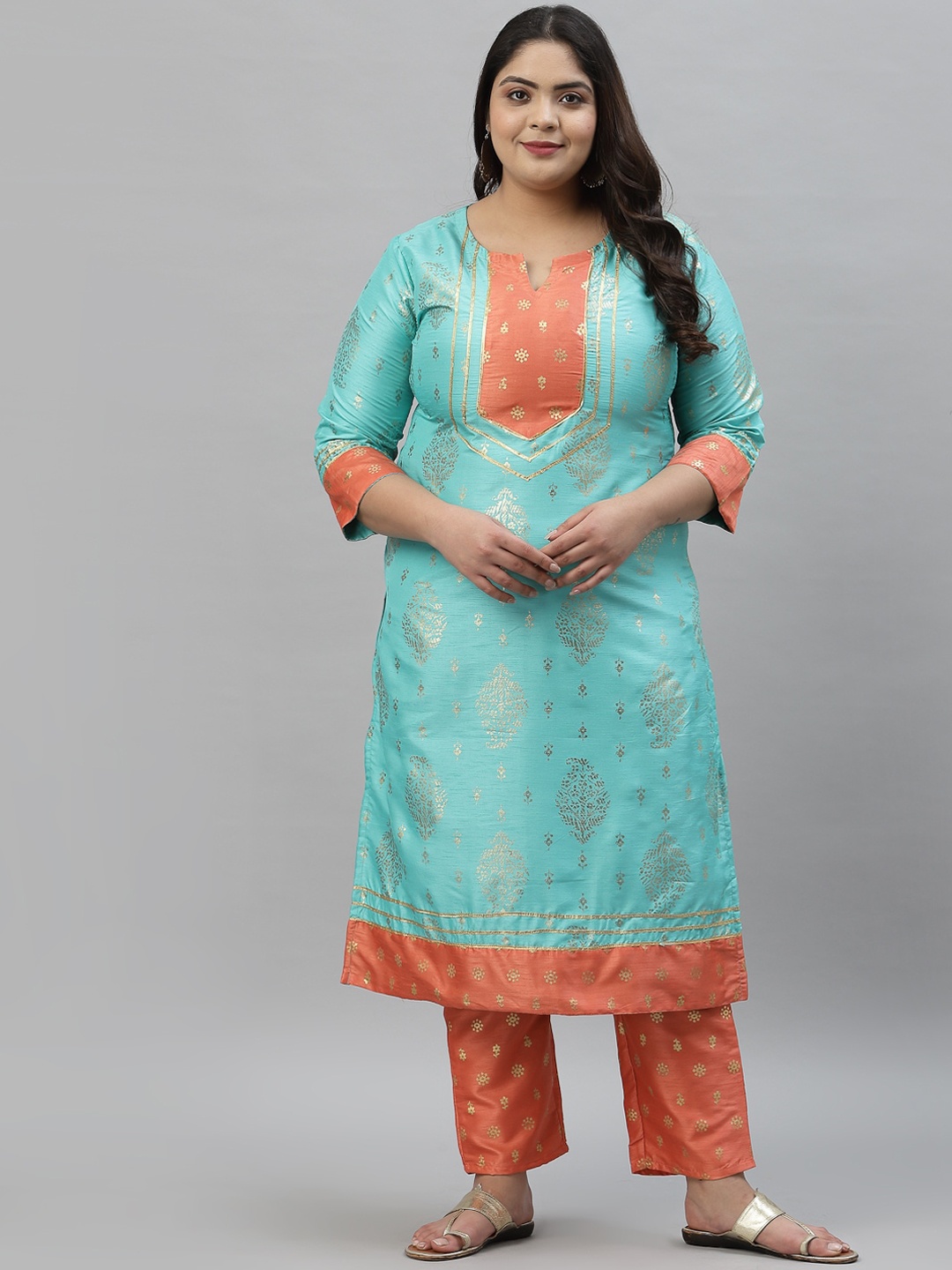 

curveZI by Ziyaa Women Turquoise Blue & Copper Ethnic Motifs Printed Kurta with Trousers