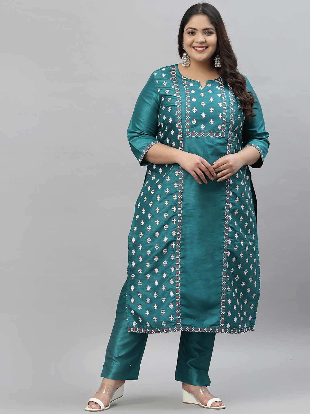

curveZI by Ziyaa Women Green Ethnic Motifs Yoke Design Kurti with Trousers & With Dupatta