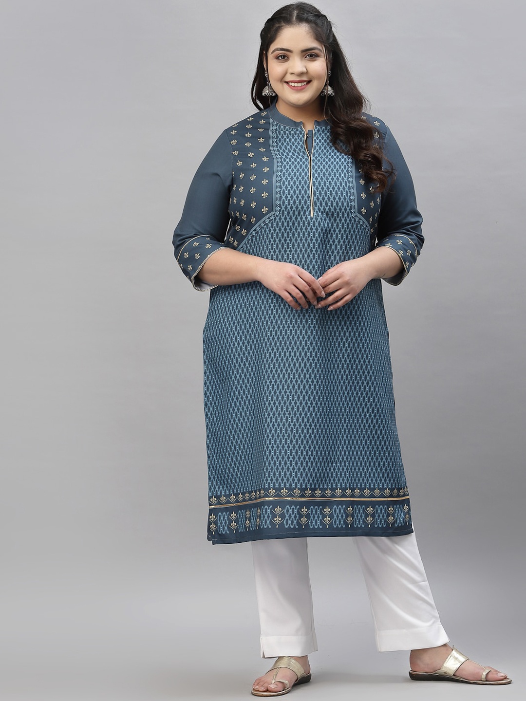 

curveZI by Ziyaa Plus Size Women Blue & White Foil Print Ethnic Motifs Kurta with Trousers