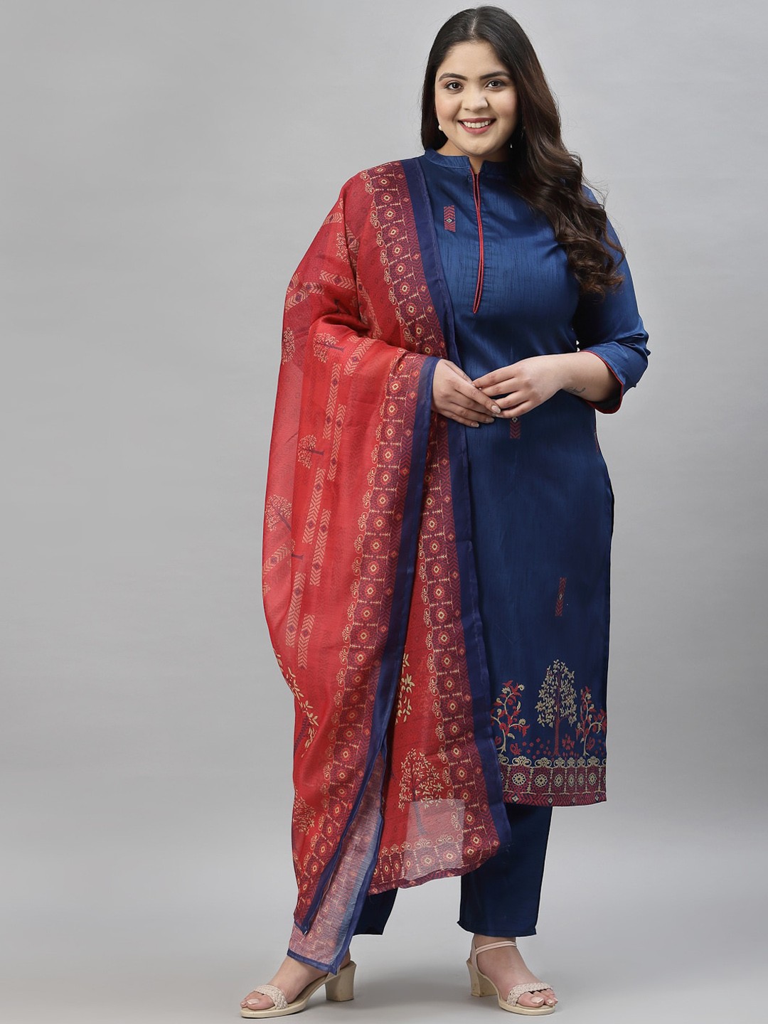 

curveZI by Ziyaa Women Plus Size Blue Printed Kurta with Trousers & With Dupatta