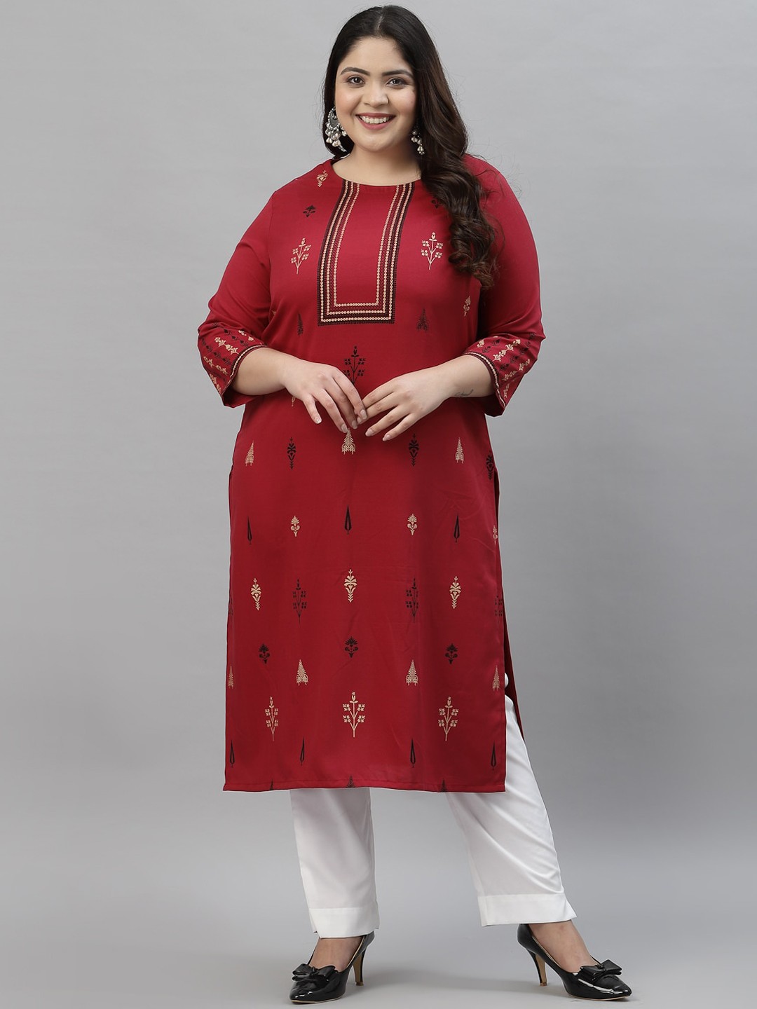 

curveZI by Ziyaa Plus Size Women Red Floral Printed Kurta with Trousers