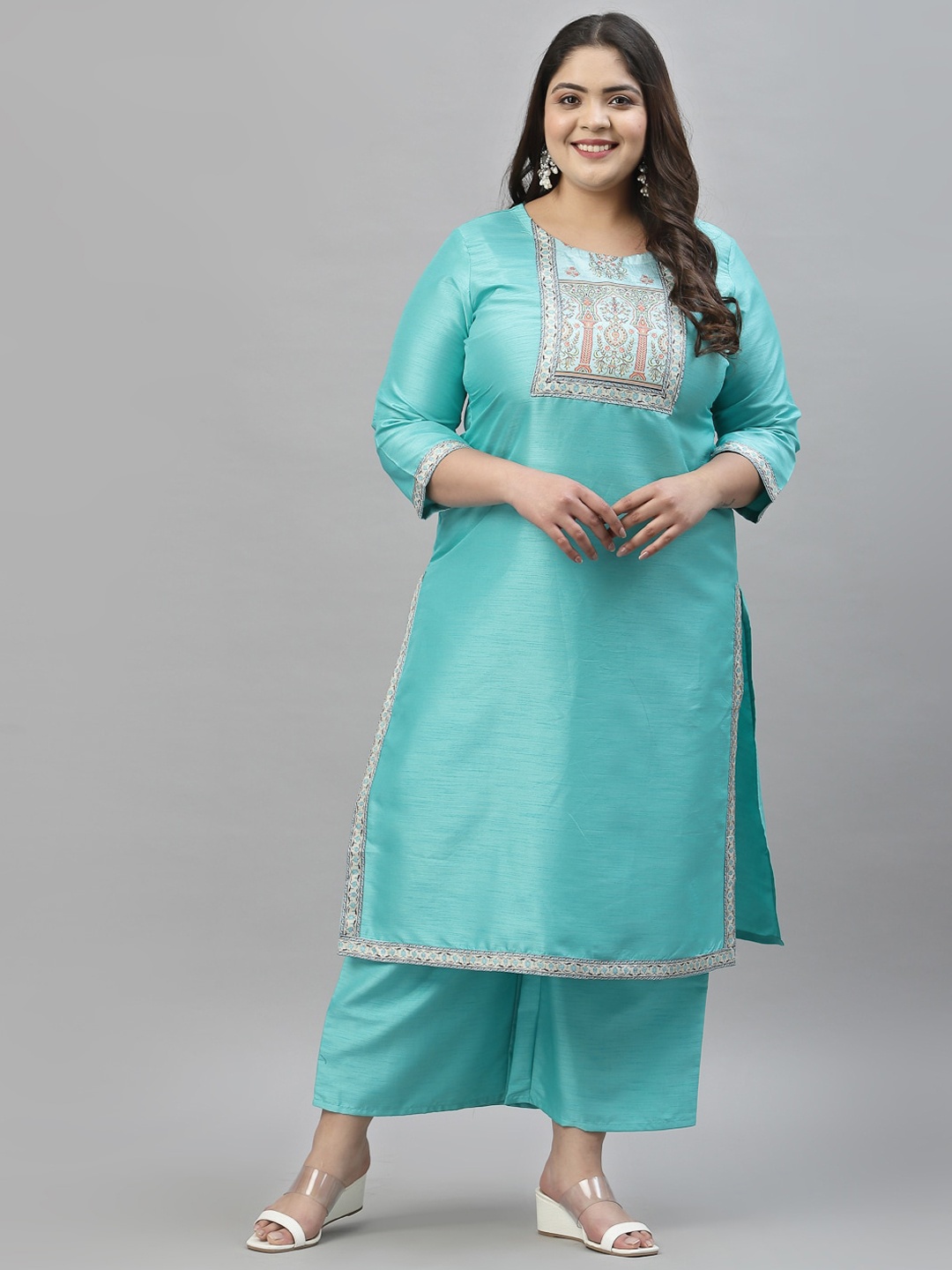 

curveZI by Ziyaa Plus Size Women Blue Ethnic Motifs Yoke Design Kurta with Palazzos
