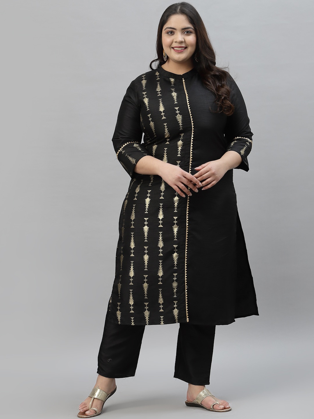 

curveZI by Ziyaa Women Black Printed Poly Silk Kurta with Trousers