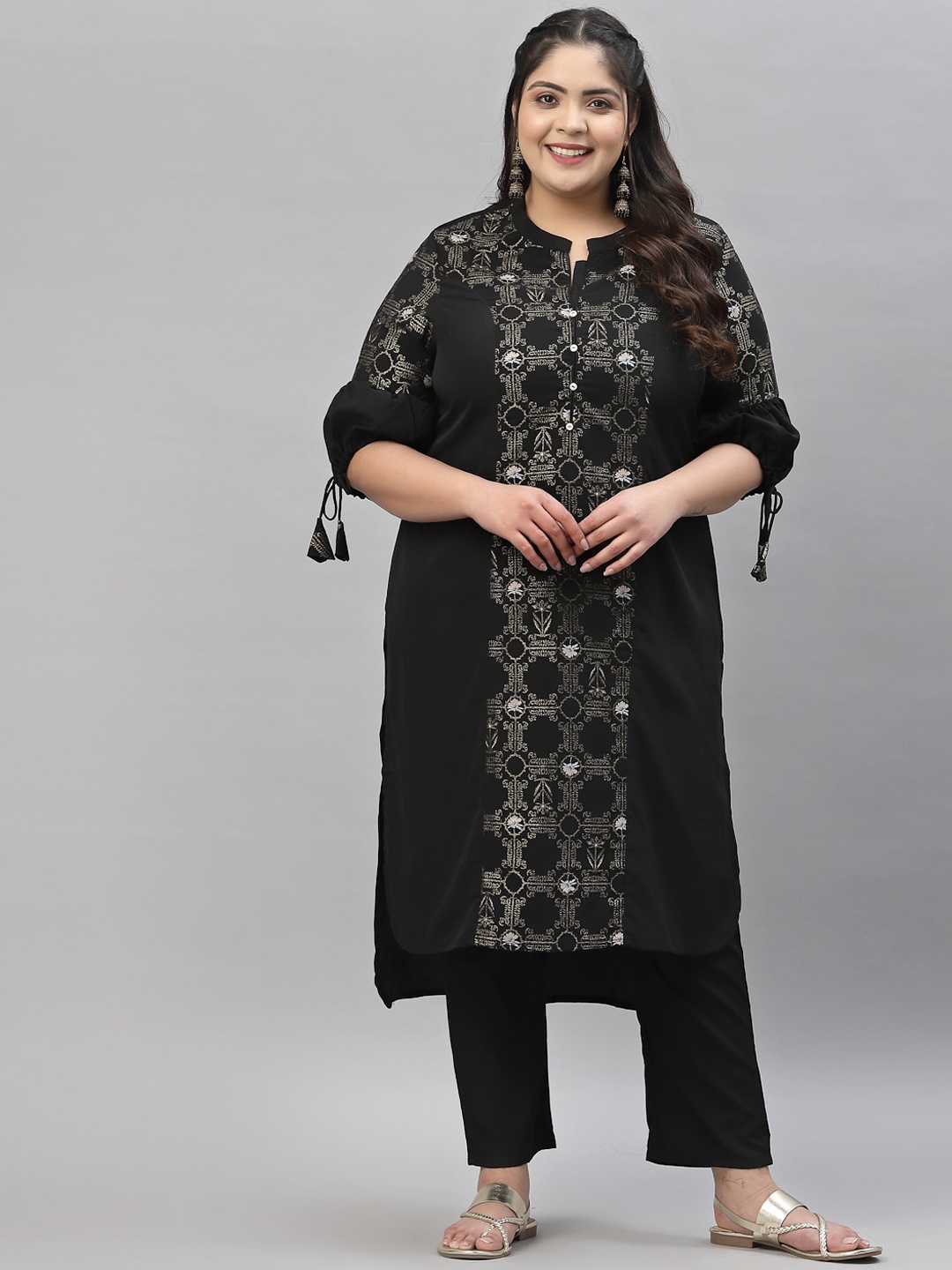 

curveZI by Ziyaa Plus Size Women Black Ethnic Motifs Printed Kurta with Trousers
