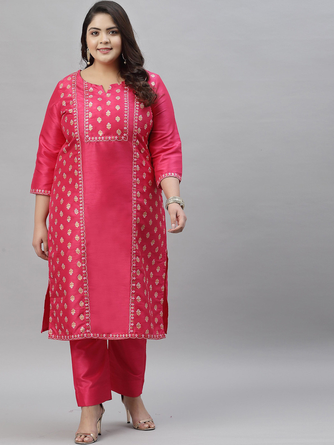 

curveZI by Ziyaa Plus Size Women Pink Ethnic Motifs Printed Kurta with Trousers