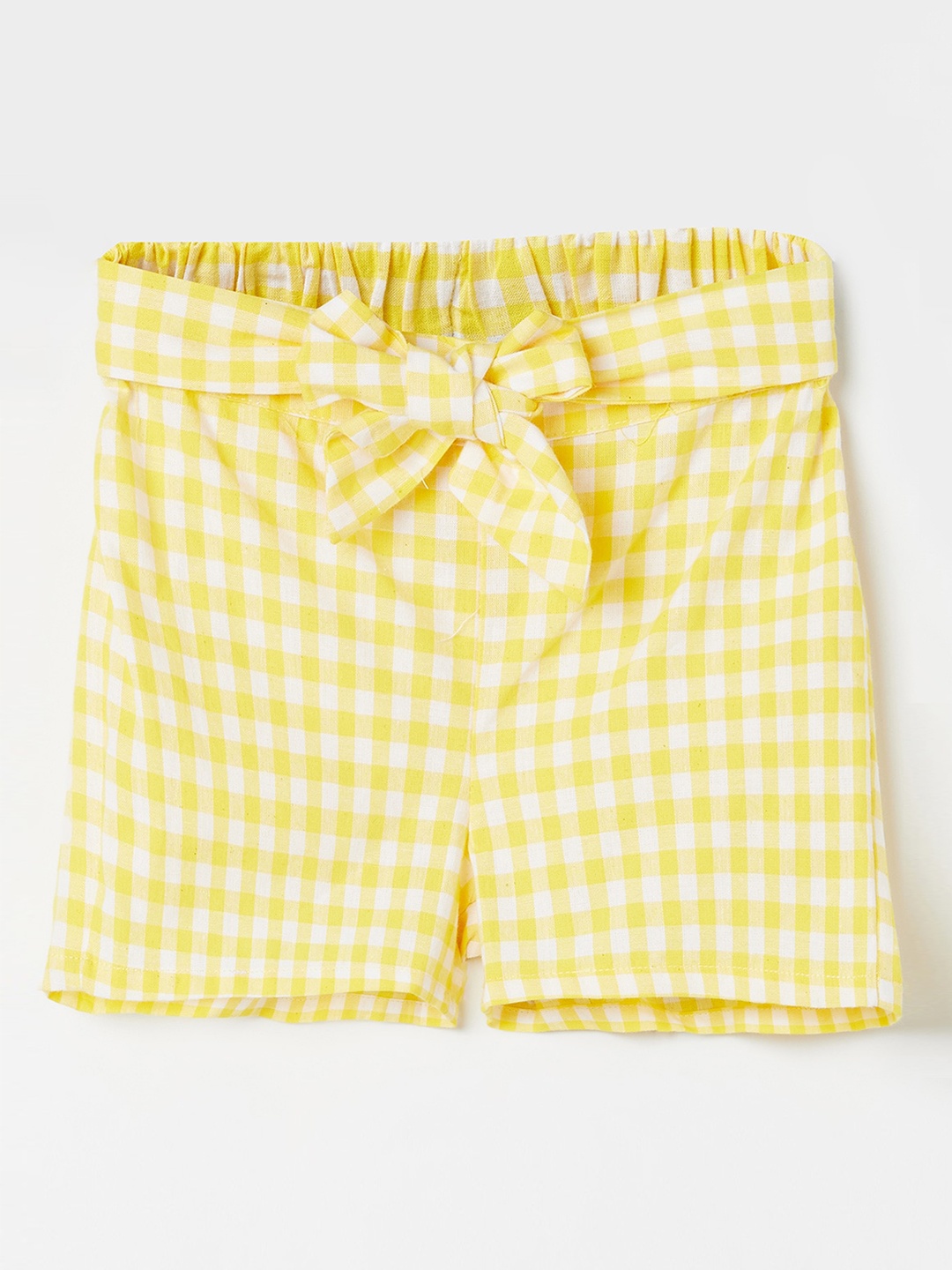 

Juniors Girls Yellow Regular Fit Checked High-Rise Cotton Shorts
