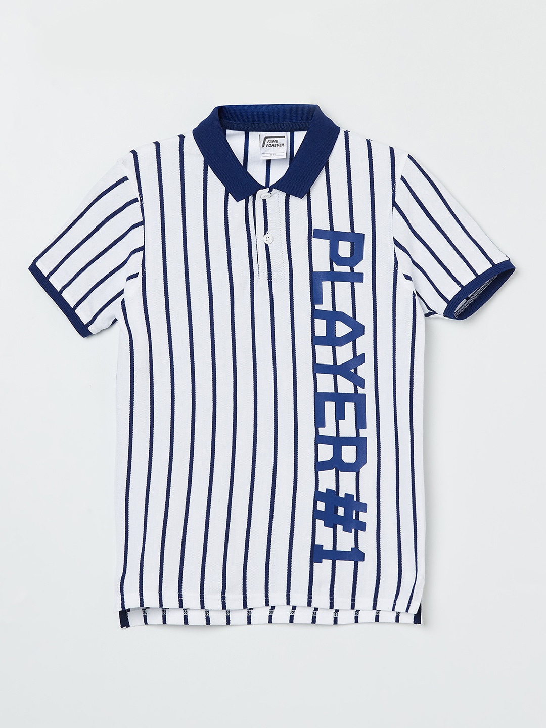 

Fame Forever by Lifestyle Boys White & Blue Striped Polo Collar Pure Cotton T-shirt