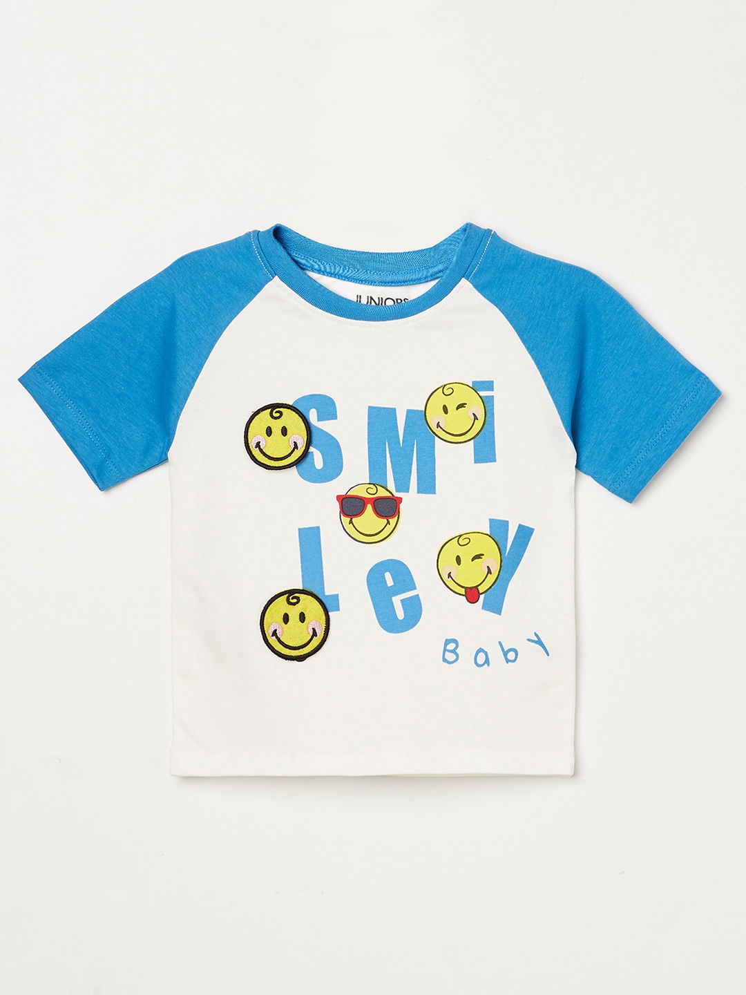 

Juniors Boys Off White & Blue Smiley Printed Pure Cotton T-shirt