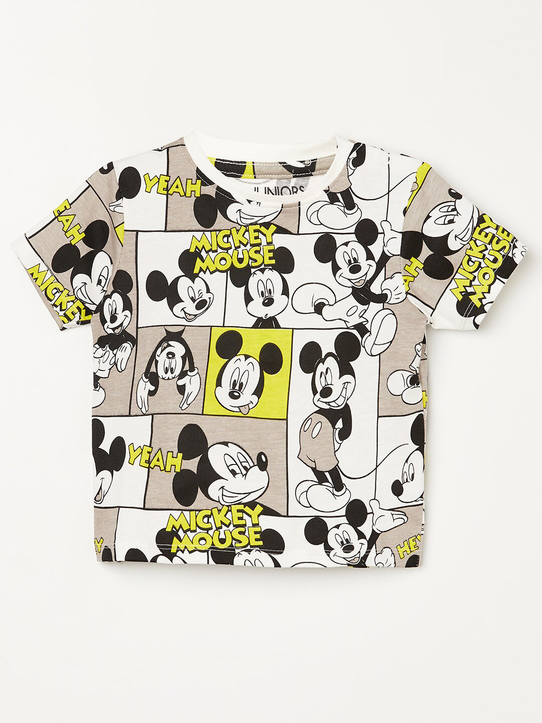 

Juniors Boys Off White & Beige Mickey Mouse Printed Pure Cotton T-shirt