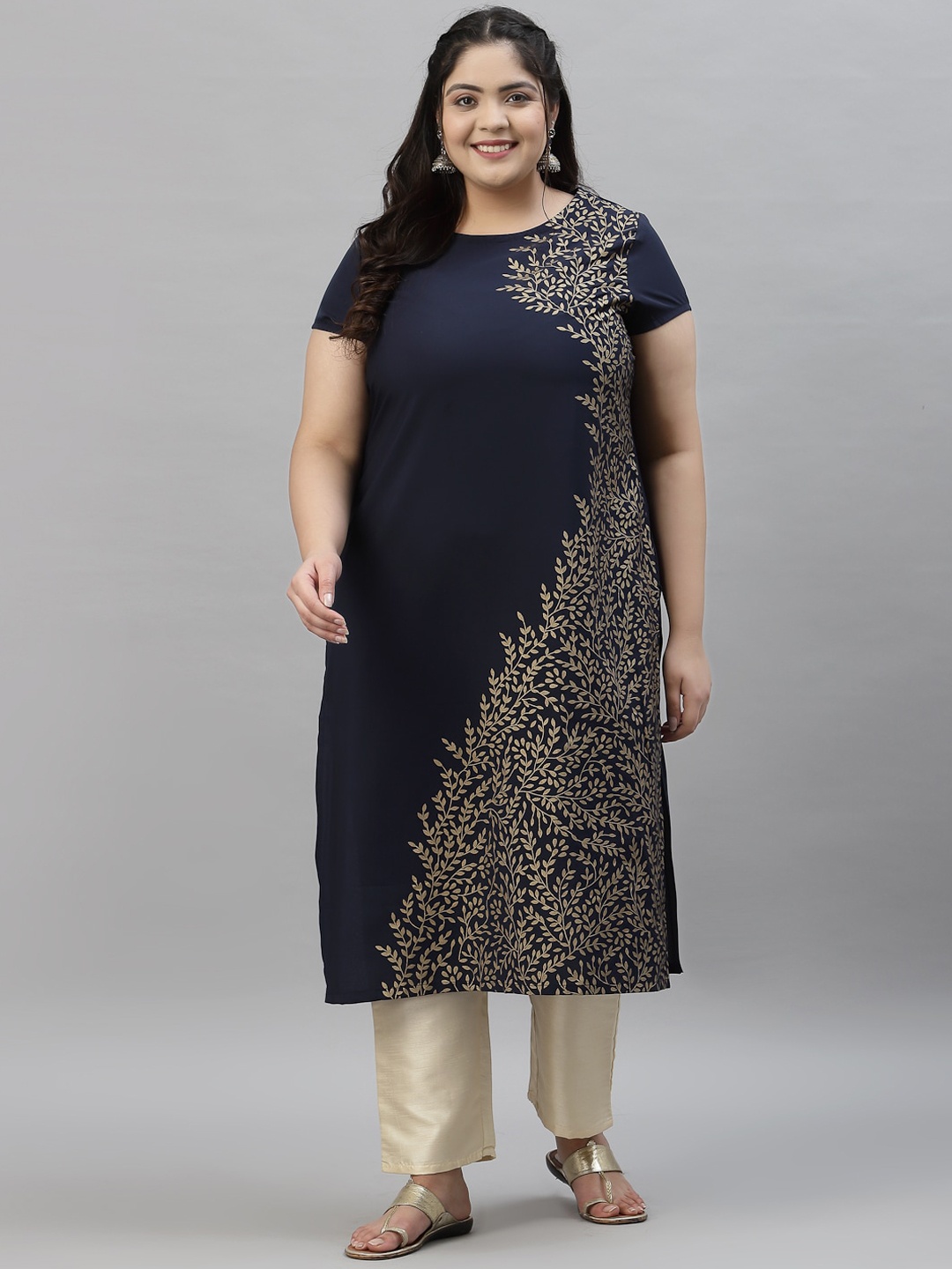 

curveZI by Ziyaa Plus Size Women Blue Ethnic Motifs Printed Crepe Kurta