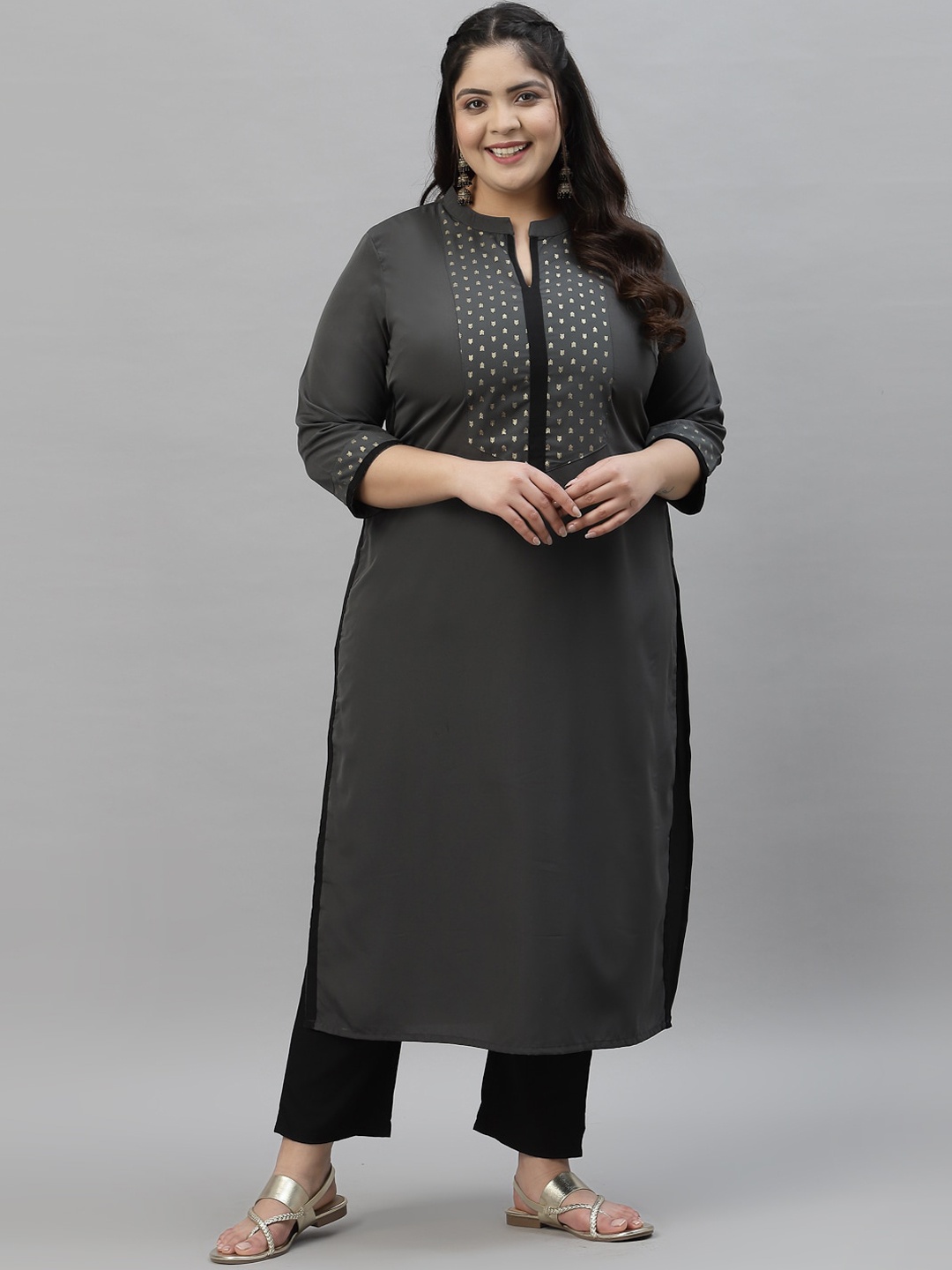 

curveZI by Ziyaa Plus Size Women Grey Geometric Yoke Design Flared Sleeves Crepe Kurta