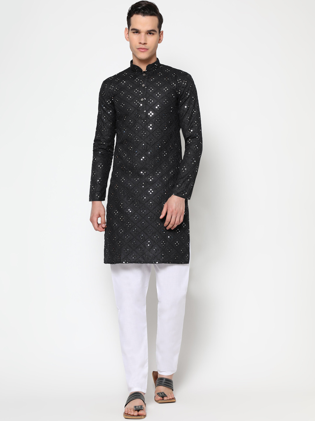 

Tasarika Men Black Embroidered Mirror Work Pure Cotton Kurta with Pyjamas