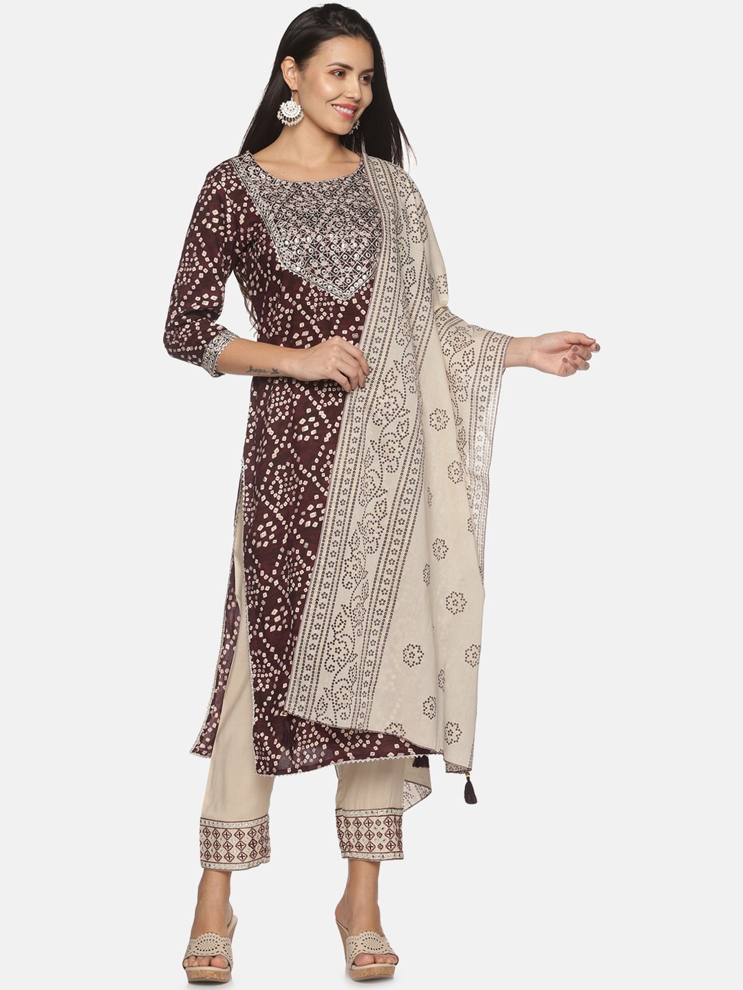 

Palakh Women Coffee Brown Bandhani Printed Sequinned Kurta with Trousers & Dupatta