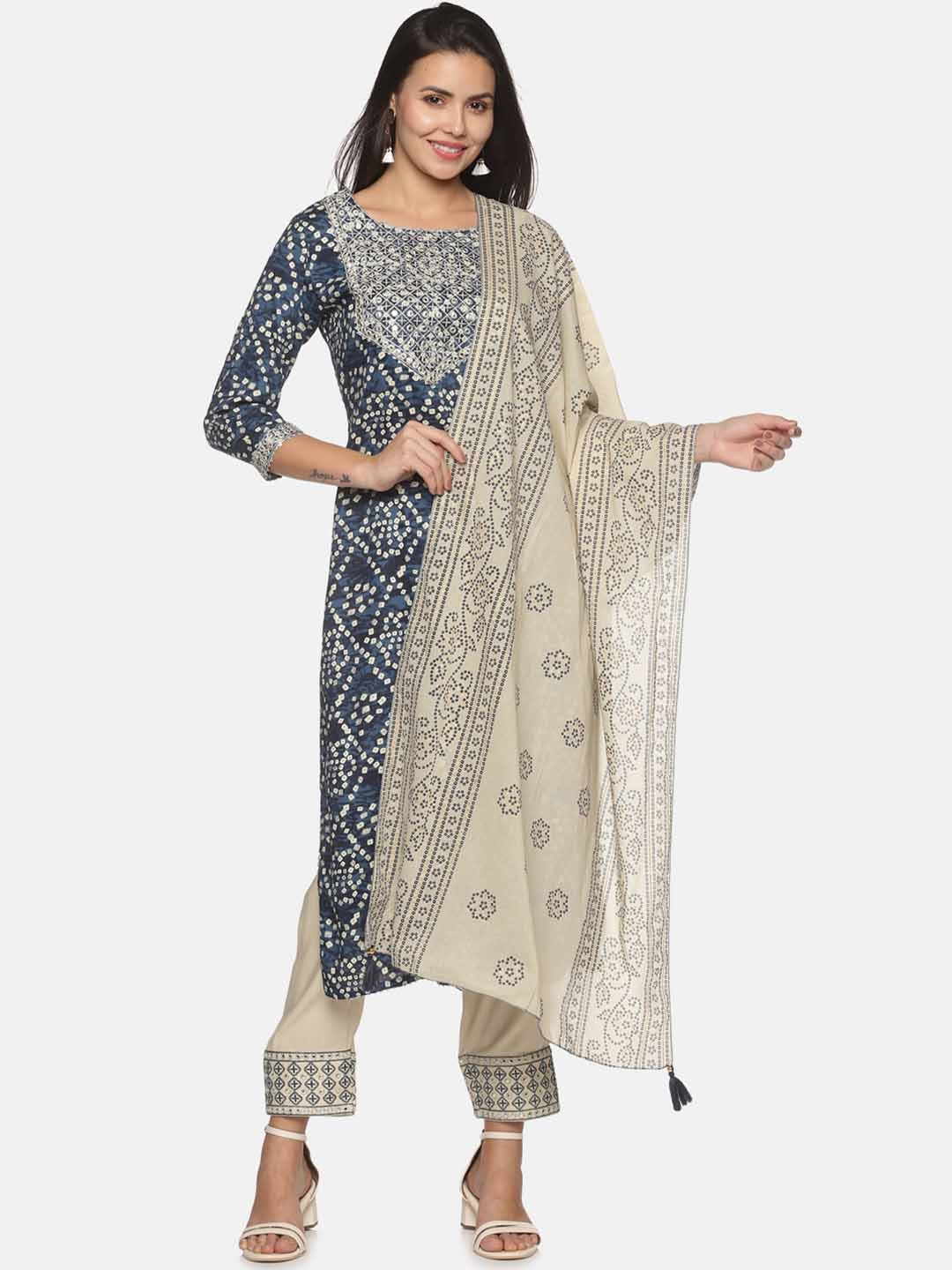 

Palakh Women Blue Bandhani Printed Kantha Work Kurta with Trousers & With Dupatta