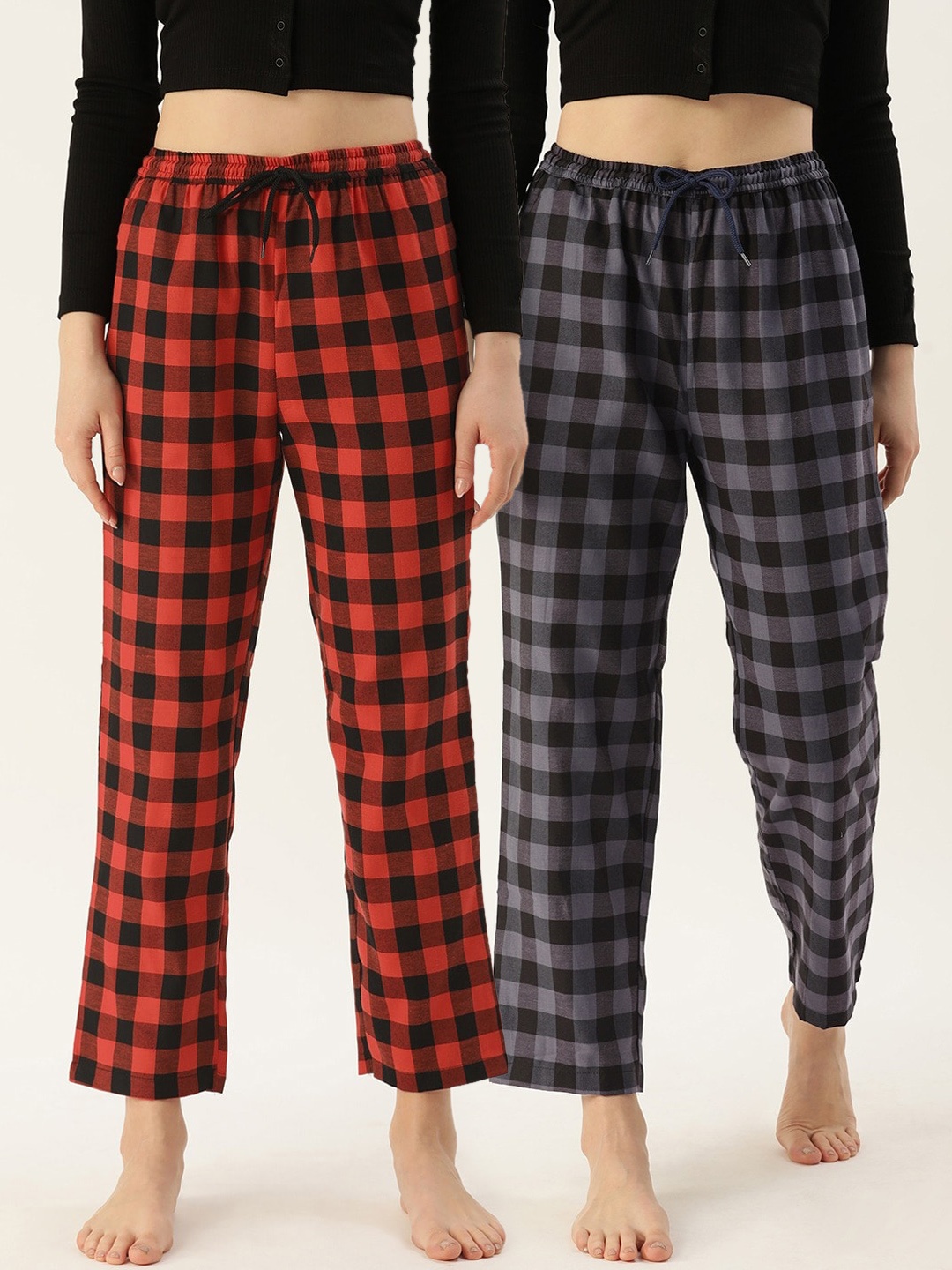 

Kryptic Women Pack Of 2 Printed Pure Cotton Lounge Pants, Red