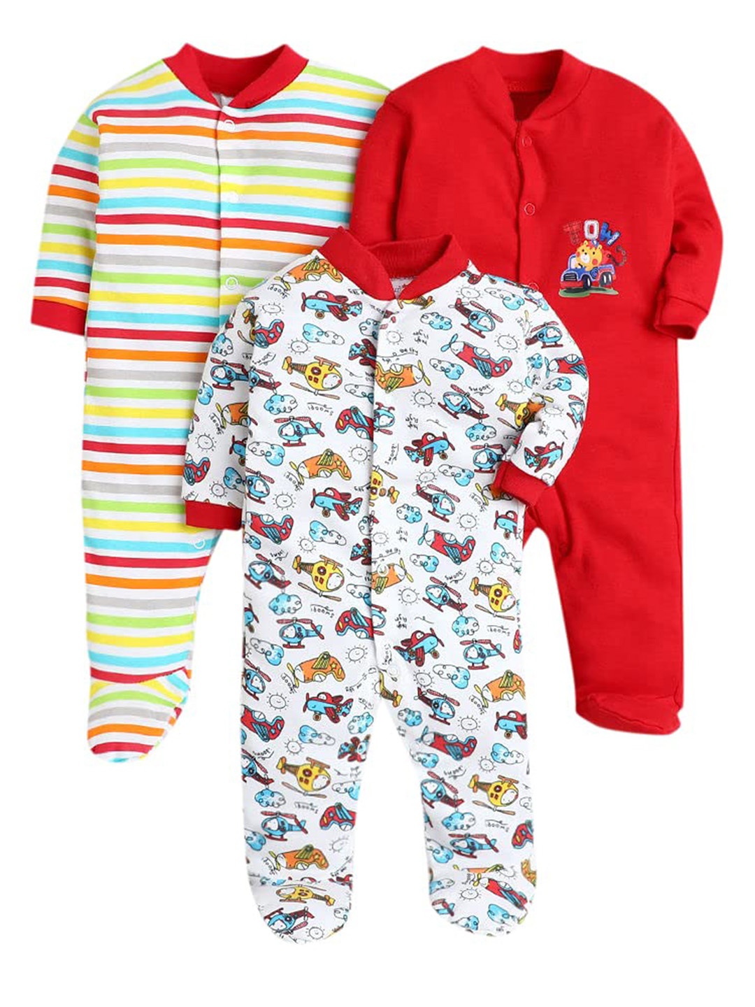 

EIO Kids Pack Of 3 Solid Cotton Rompers, Red