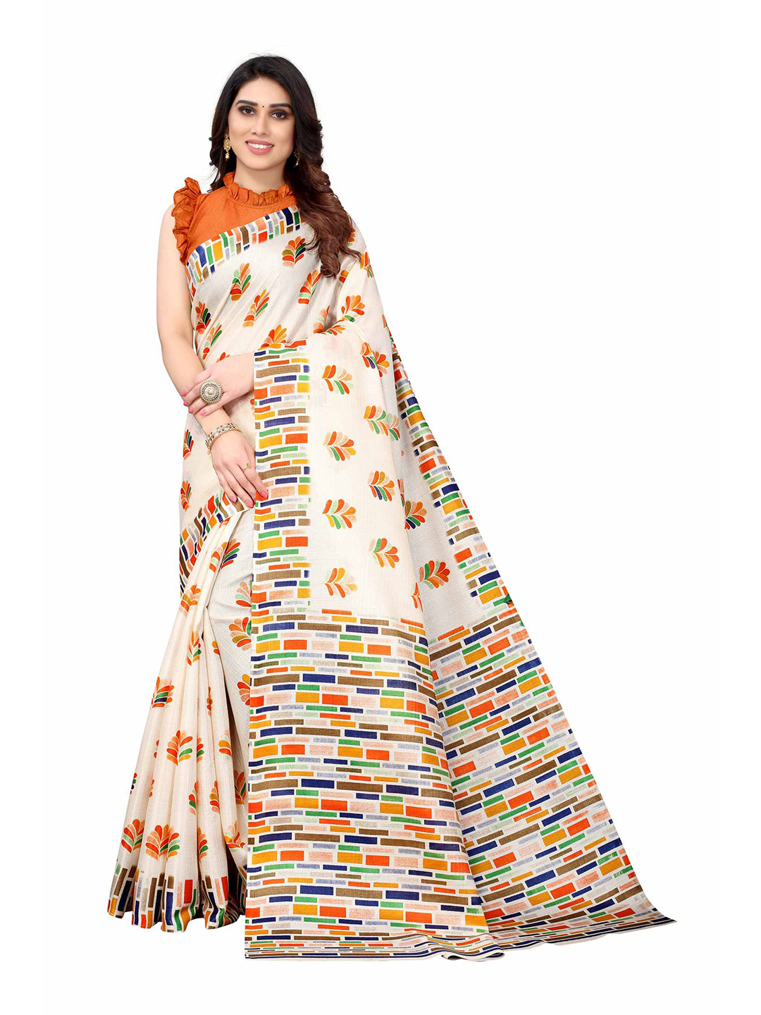 

AADVIKA Off White & Yellow Silk Blend Ready to Wear Saree