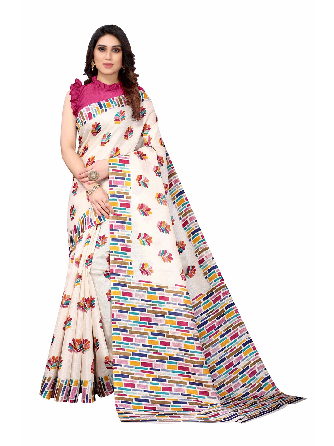 

AADVIKA White & Pink Ethnic Motifs Silk Blend Saree