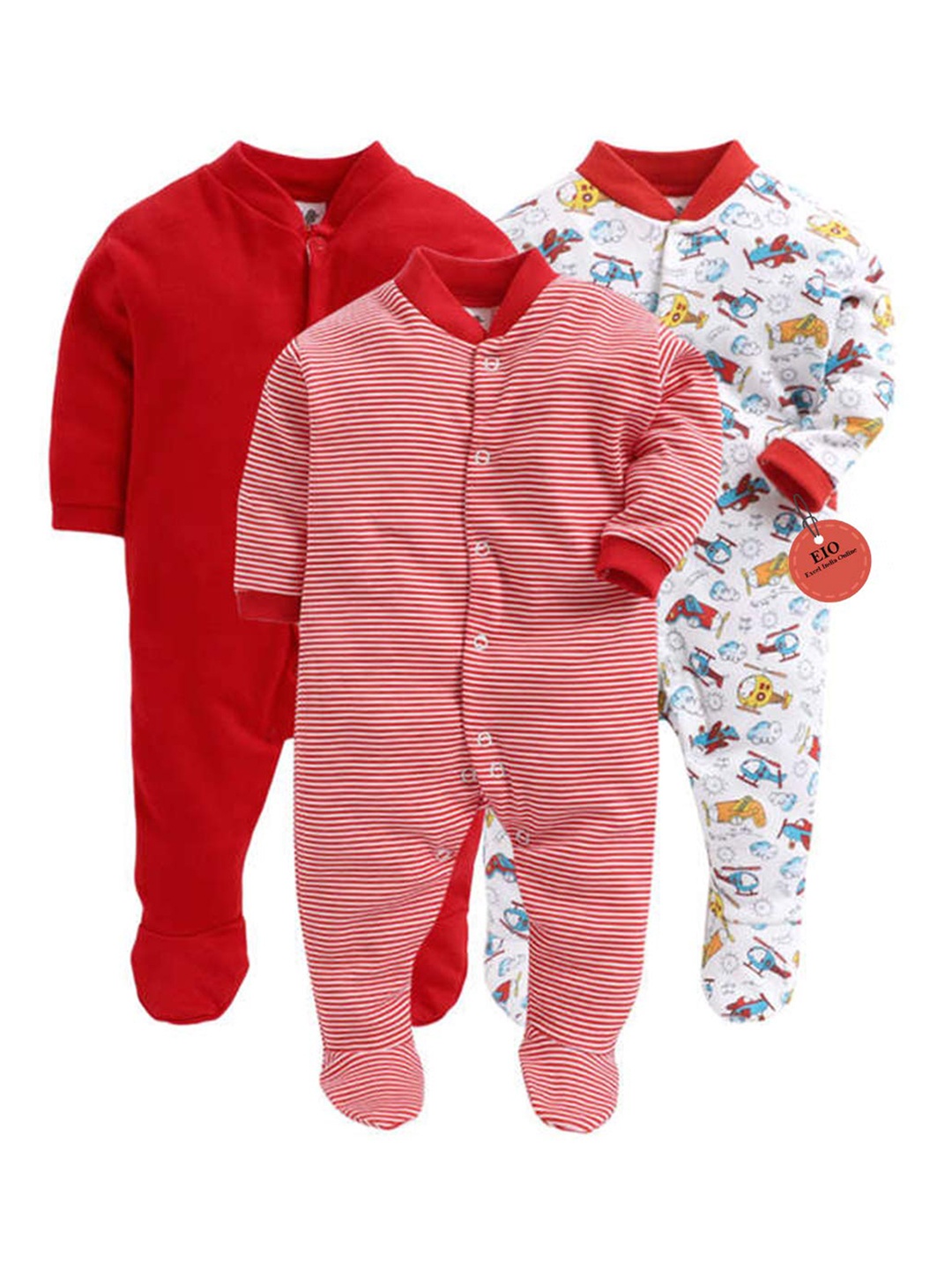 

EIO Infant Kids Pack of 3 Printed Sleepsuits, Red