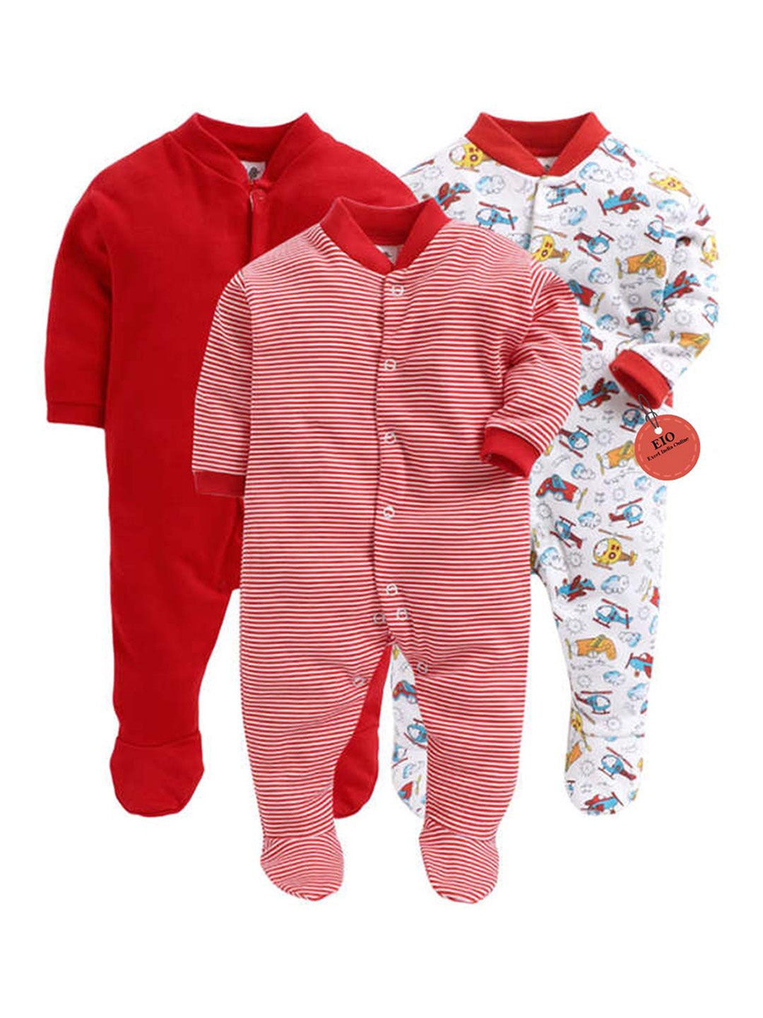 

EIO Infants Kids Pack of 3 Cotton Sleepsuits, Red