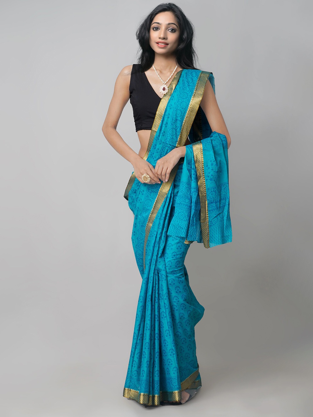 

Unnati Silks Blue & Gold Printed Zari Pure Cotton Venkatgiri Bagh Saree