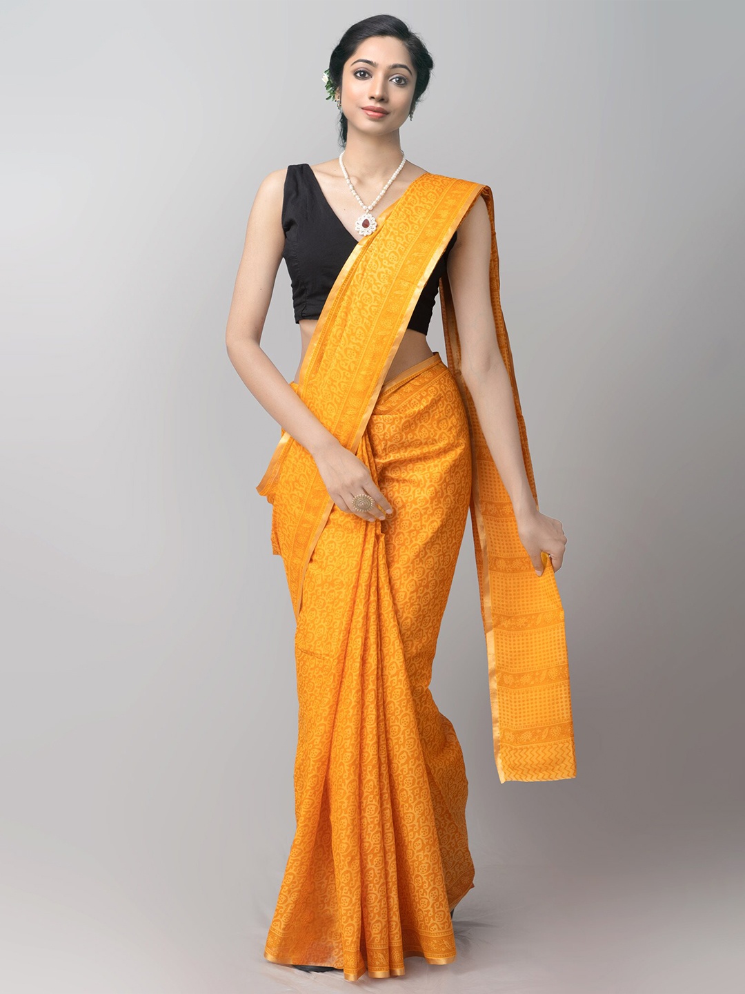 

Unnati Silks Orange & Golden Bagh Zari Pure Cotton Venkatgiri Saree