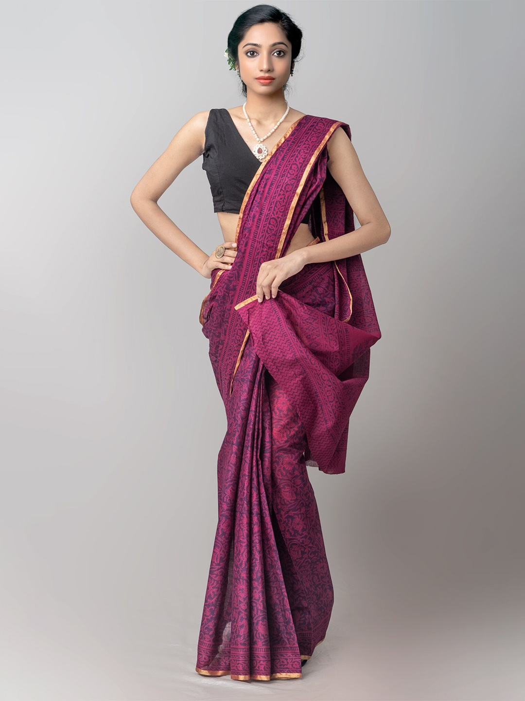 

Unnati Silks Burgundy & Blue Bagh Printed Zari Pure Cotton Venkatgiri Saree