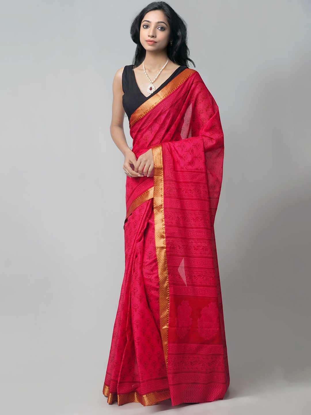 

Unnati Silks Red & Golden Bagh Zari Pure Cotton Venkatgiri Saree