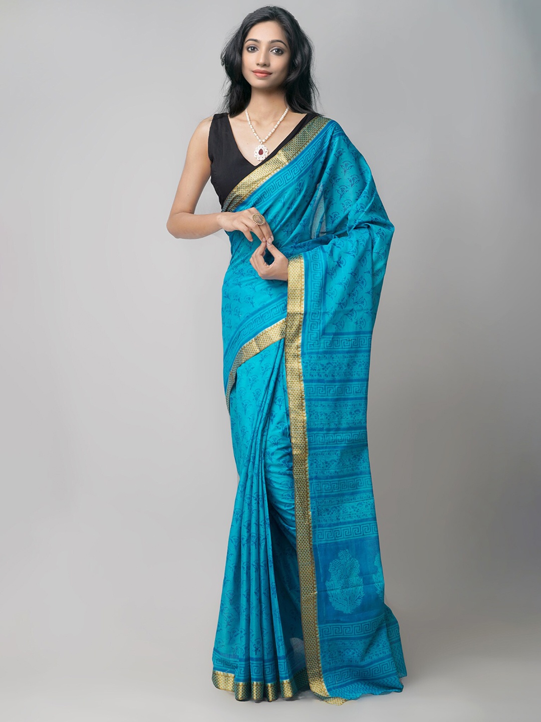 

Unnati Silks Blue & Gold-Toned Bagh Pure Cotton Venkatgiri Saree