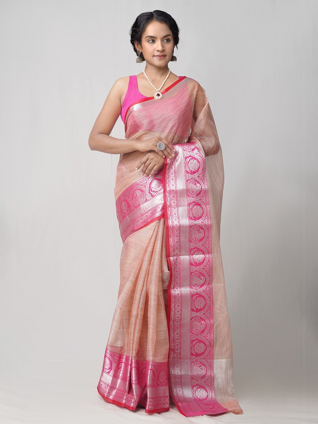 

Unnati Silks Cream-Coloured & Pink Tissue Kota Saree