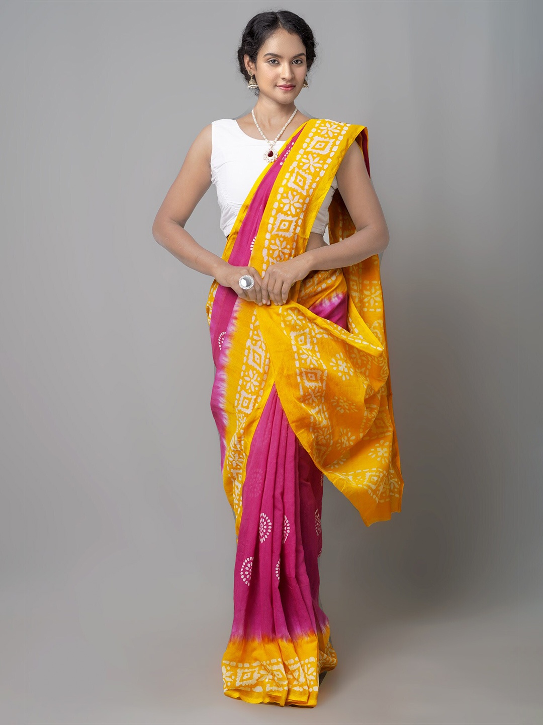 

Unnati Silks Fuchsia & Yellow Handloom Sustainable Pure Cotton Chanderi Saree