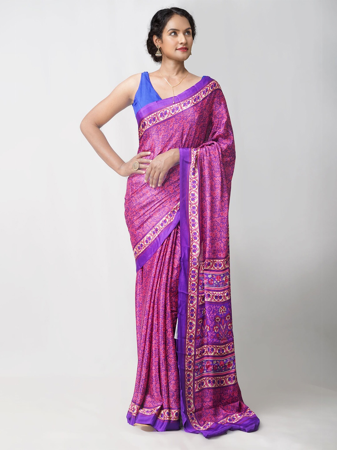 

Unnati Silks Blue & Purple Ethnic Motifs Silk Blend Block Print Saree