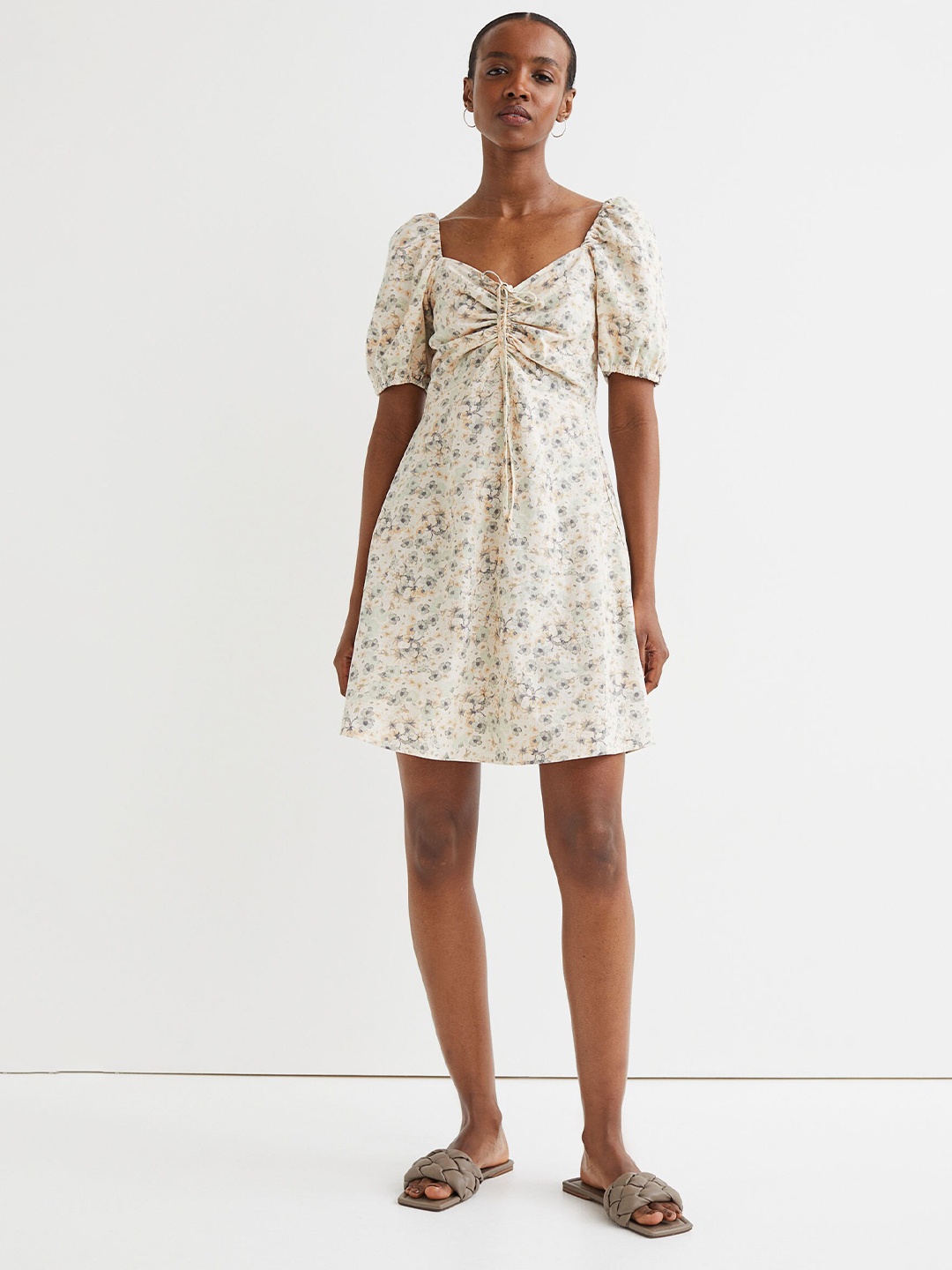 

H&M Beige Floral Printed Linen-Blend Dress