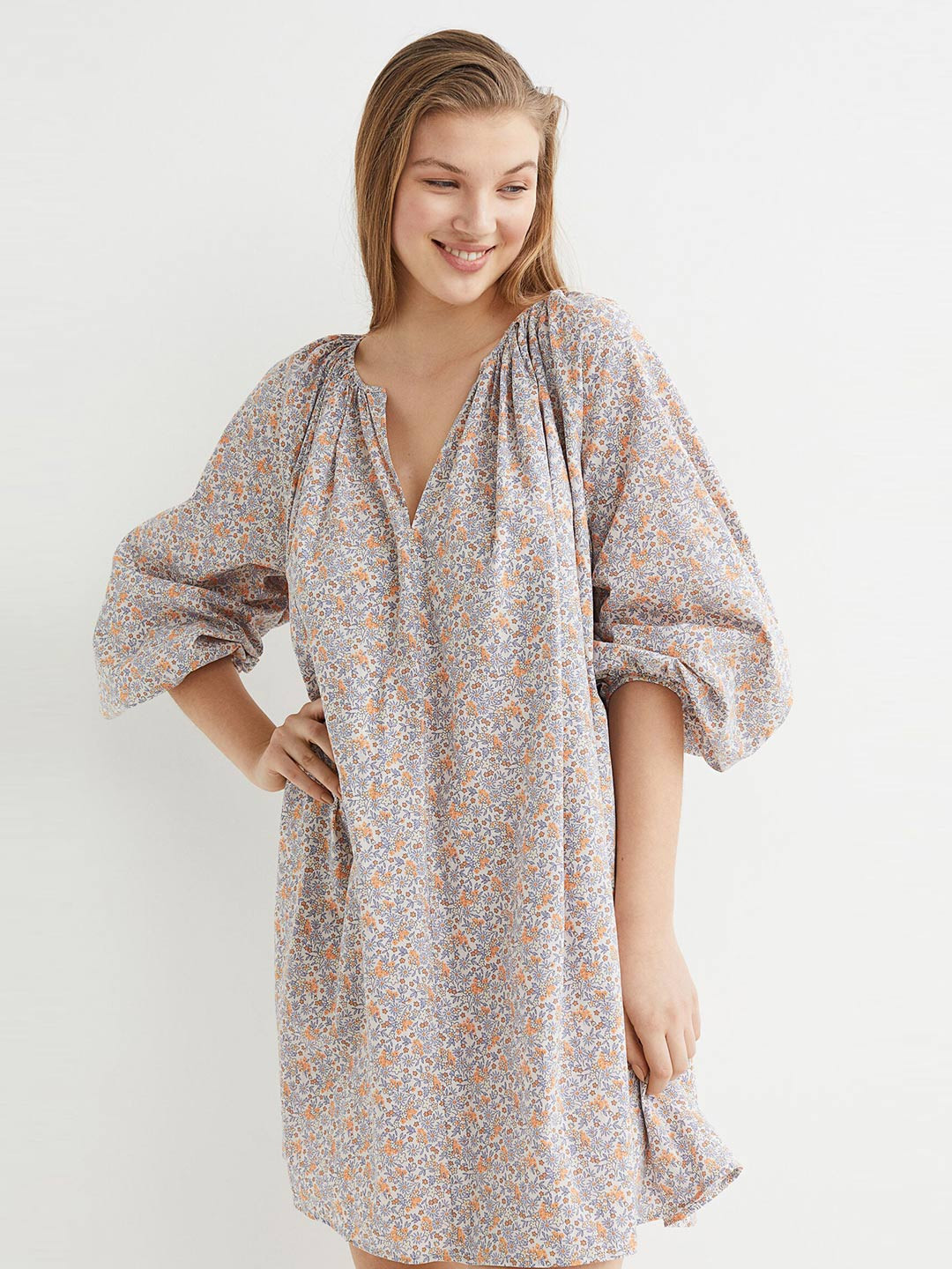 

H&M Off White & Orange Floral Printed Cotton A-line Dress