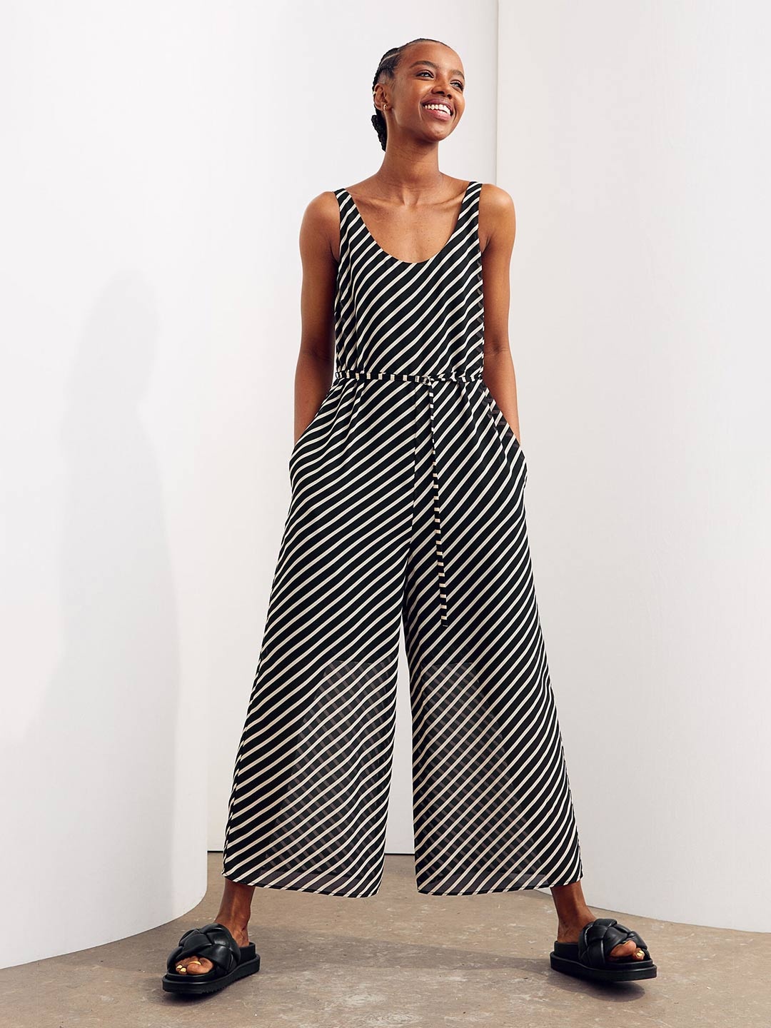 

H&M Women Black & Beige Striped Chiffon Jumpsuit