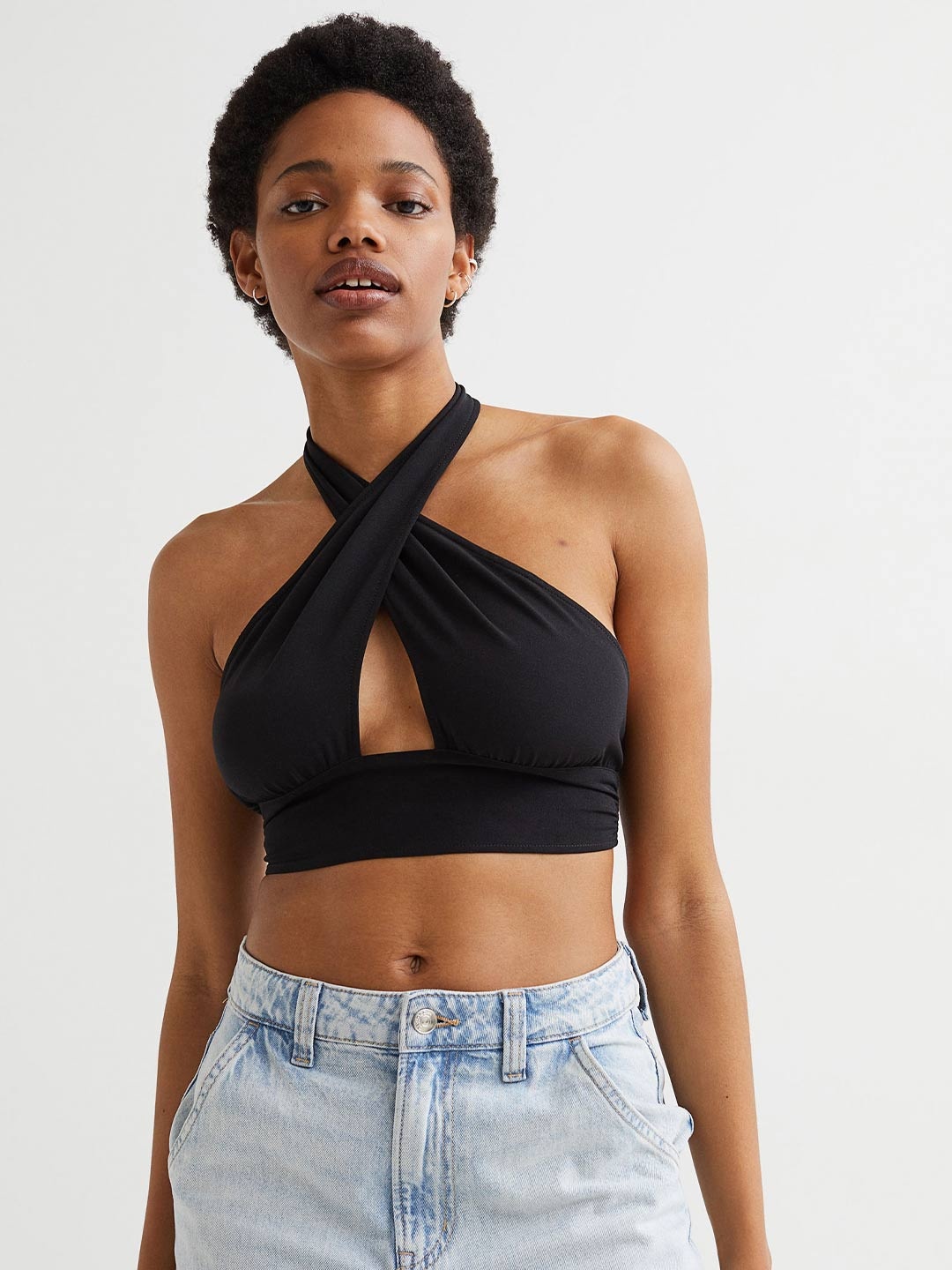 

H&M Women Black Halterneck crop top