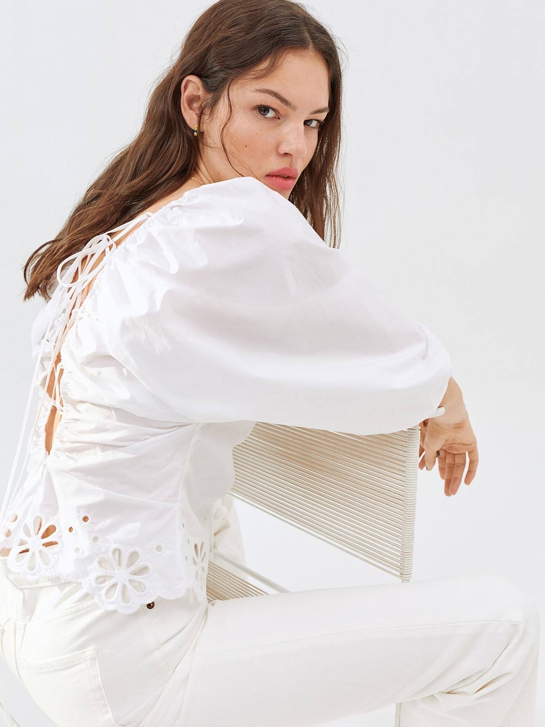 

H&M Women White Broderie Anglaise-Hemmed Blouse