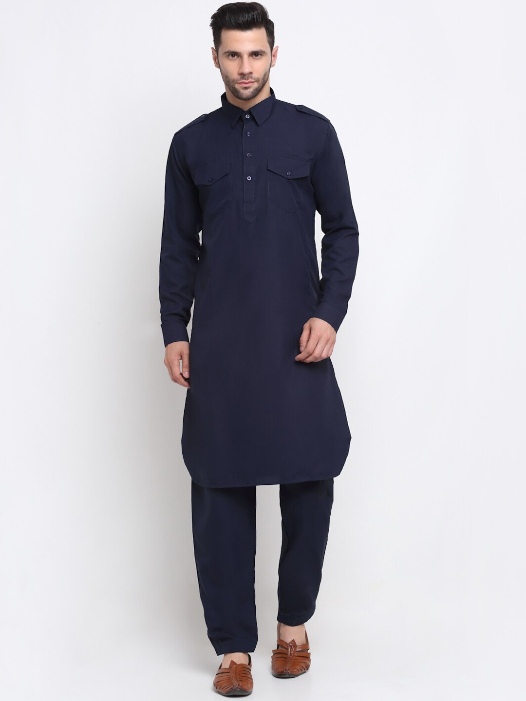 

KRAFT INDIA Men Navy Blue Pure Cotton Pathani Kurta with Salwar