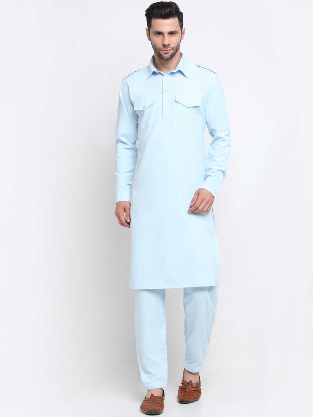 

KRAFT INDIA Men Sky Blue Pure Cotton Pathani Kurta with Salwar