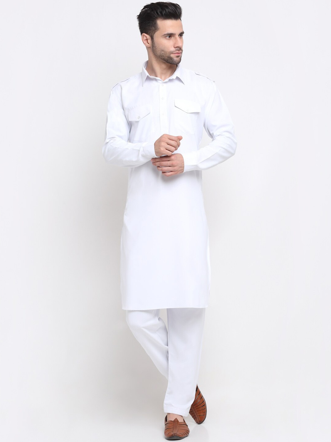 

KRAFT INDIA Men White Pure Cotton Pathani Kurta with Salwar